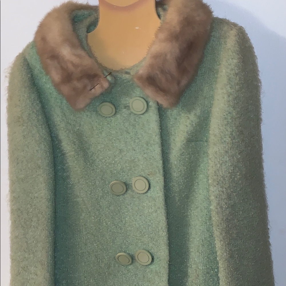 Vintage Pale Green Boucle Coat, Fur Collar, Silk Lining, Oversized Buttons
